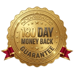 Circular golden emblem displaying 180 day money back guarantee text