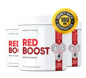 Three white containers of Red Boost side by side with a gold badge