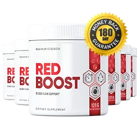 Six white containers of Red Boost arranged together with a gold seal