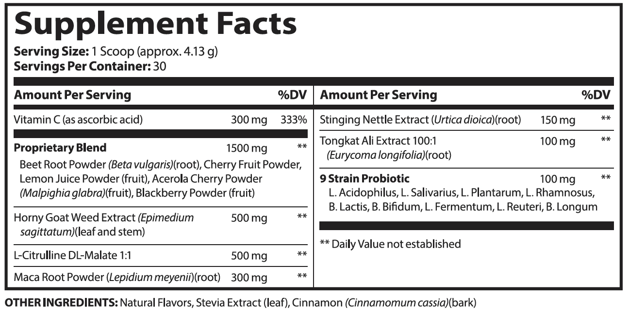 Nutritional supplement facts panel showing serving size and ingredient quantities