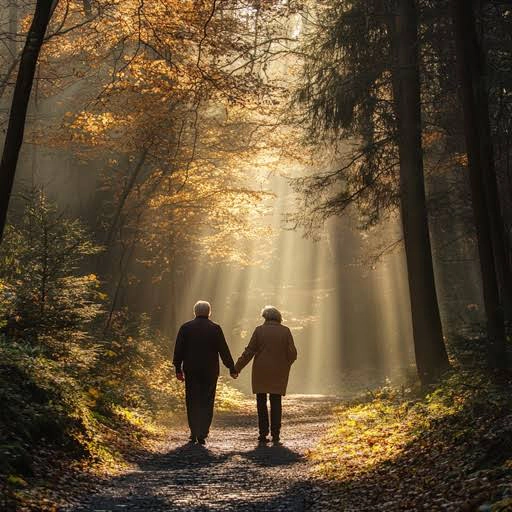 A smiling middle-aged couple walking together outdoors in the morning