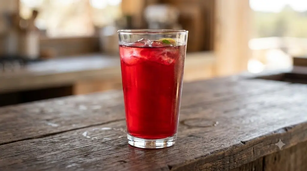 A clear glass filled with a bright red beverage on a wooden counter